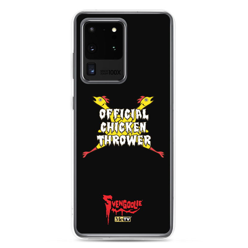 Black Samsung case with yellow cartoon chickens crossed in an X behind white text reading "OFFICIAL CHICKEN THROWER" "Svengoolie" and MeTV logos.