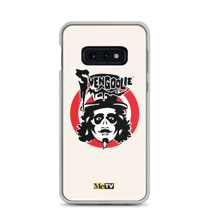 Cream Samsung case featuring the Svengoolie face logo with the text 'Svengoolie' in black above a red circle, with a small MeTV logo at the bottom.