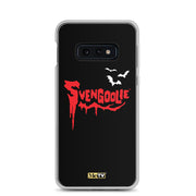 Black Samsung case with red dripping "Svengoolie" logo and three white bats, plus a small yellow MeTV logo at the bottom.