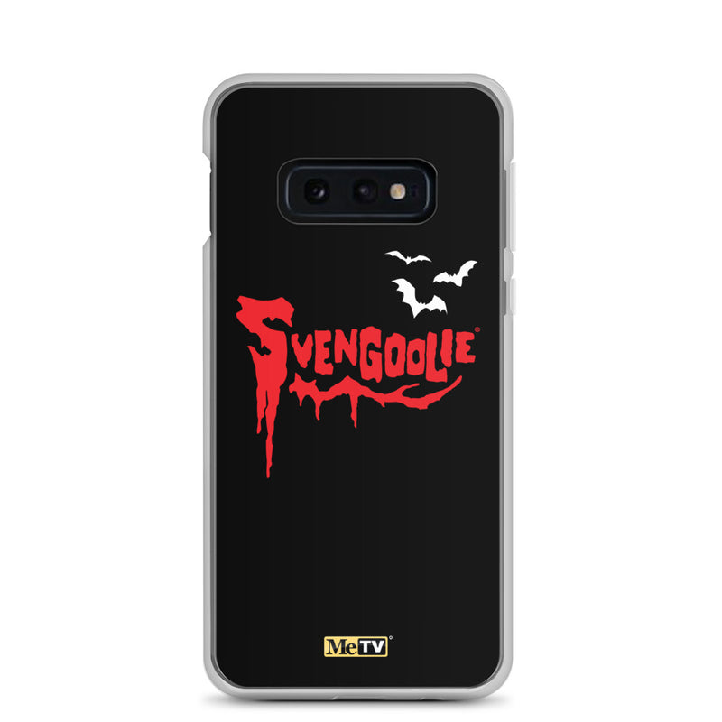 Black Samsung case with red dripping "Svengoolie" logo and three white bats, plus a small yellow MeTV logo at the bottom.