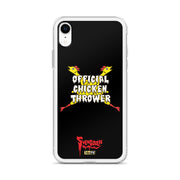Black iPhone case with yellow cartoon chickens crossed in an X, white text reading "OFFICIAL CHICKEN THROWER", and red Svengoolie logo at bottom.