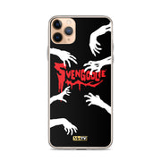 Black iPhone case with white zombie hands reaching inward around red dripping "Svengoolie" logo, plus small yellow "MeTV" badge at bottom.