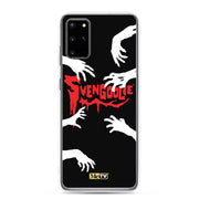 Black Samsung phone case with white zombie hands reaching in from the edges and red dripping 'Svengoolie' logo in the center.