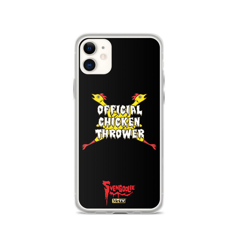 Black iPhone case with yellow cartoon chickens crossed in an X, white text reading "OFFICIAL CHICKEN THROWER", and red "Svengoolie" logo at bottom.