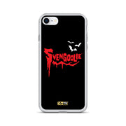 Black iPhone case with red dripping "Svengoolie" logo and three white bats, plus a small yellow MeTV logo at the bottom.