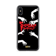 Clear iPhone case with black background, white zombie hands reaching in, and red dripping 'Svengoolie' logo with MeTV badge at bottom.