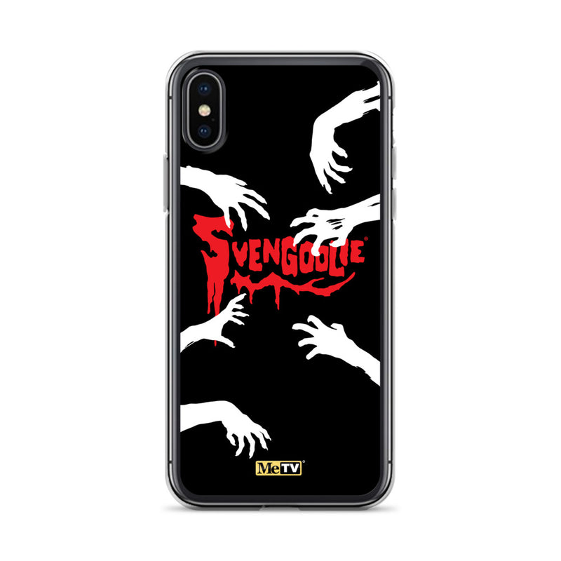 Clear iPhone case with black background, white zombie hands reaching in, and red dripping 'Svengoolie' logo with MeTV badge at bottom.