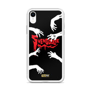 Clear iPhone case with black background, white zombie hands reaching in, and red dripping 'Svengoolie' logo with MeTV badge at bottom.