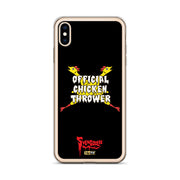 Black iPhone case with yellow cartoon chickens crossed in an X behind white text reading "OFFICIAL CHICKEN THROWER" and "Svengoolie" and MeTV logos.