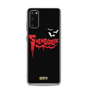 Black Samsung case with red dripping "Svengoolie" logo and three white bats, plus a small yellow MeTV logo at the bottom.