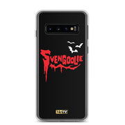 Black Samsung case with red dripping "Svengoolie" logo and three white bats, plus a small yellow MeTV logo at the bottom.