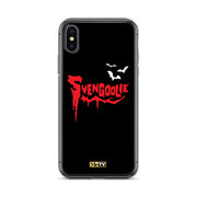 Black iPhone case with red dripping "Svengoolie" logo and three white bats, plus a small yellow MeTV logo at the bottom.
