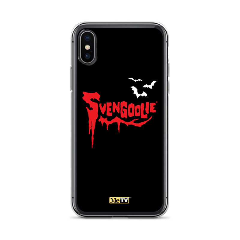 Black iPhone case with red dripping "Svengoolie" logo and three white bats, plus a small yellow MeTV logo at the bottom.