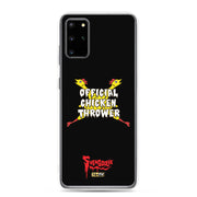 Black Samsung case with yellow cartoon chickens crossed in an X behind white text reading "OFFICIAL CHICKEN THROWER" "Svengoolie" and MeTV logos.