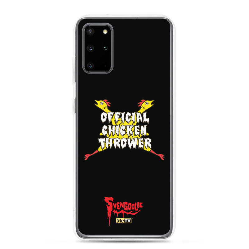 Black Samsung case with yellow cartoon chickens crossed in an X behind white text reading "OFFICIAL CHICKEN THROWER" "Svengoolie" and MeTV logos.