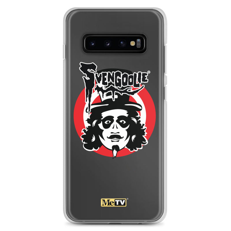 Gray Samsung case featuring the Svengoolie face logo with the text 'Svengoolie' in black above a red circle, with a small MeTV logo at the bottom.