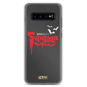 Gray Samsung case with red dripping "Svengoolie" logo and three white bats, plus a small yellow MeTV logo at the bottom.