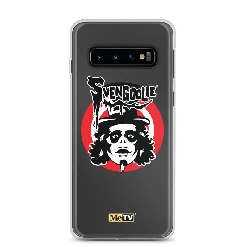 Gray Samsung case featuring the Svengoolie face logo with the text 'Svengoolie' in black above a red circle, with a small MeTV logo at the bottom.