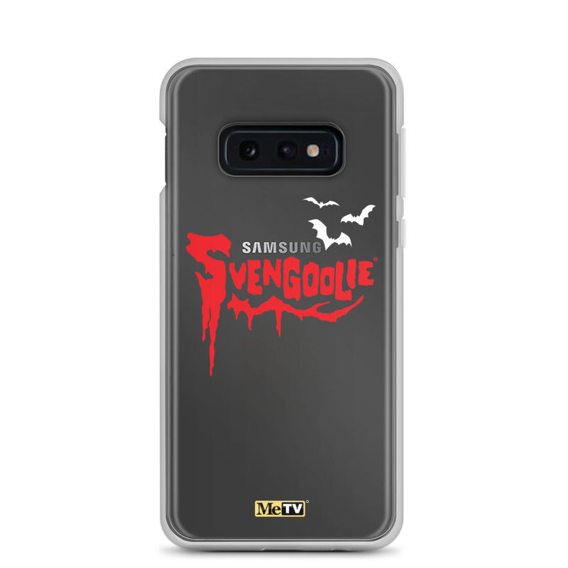 Gray Samsung case with red dripping "Svengoolie" logo and three white bats, plus a small yellow MeTV logo at the bottom.