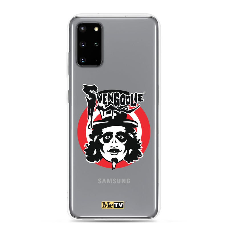 Gray Samsung case featuring the Svengoolie face logo with the text 'Svengoolie' in black above a red circle, with a small MeTV logo at the bottom.