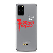 Silver Samsung case with red dripping "Svengoolie" logo and three white bats, plus a small yellow MeTV logo at the bottom.