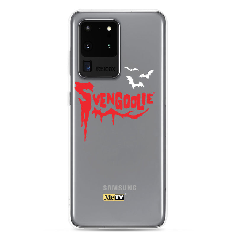 Silver Samsung case with red dripping "Svengoolie" logo and three white bats, plus a small yellow MeTV logo at the bottom.
