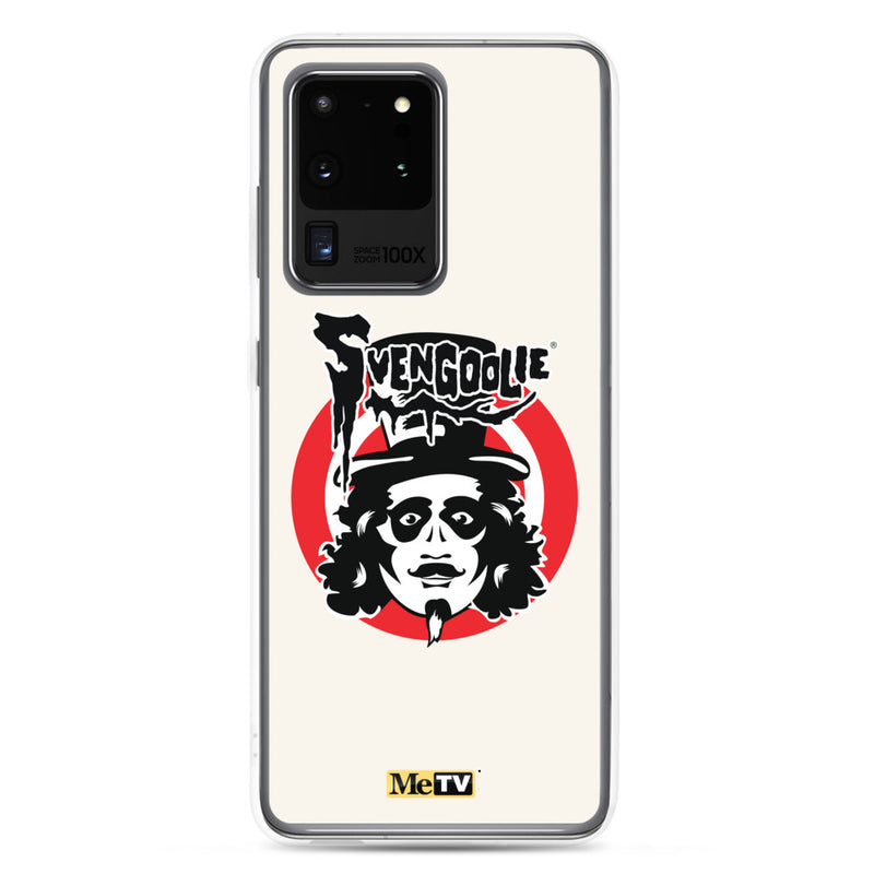 Cream Samsung case featuring the Svengoolie face logo with the text 'Svengoolie' in black above a red circle, with a small MeTV logo at the bottom.