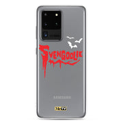 Silver Samsung case with red dripping "Svengoolie" logo and three white bats, plus a small yellow MeTV logo at the bottom.