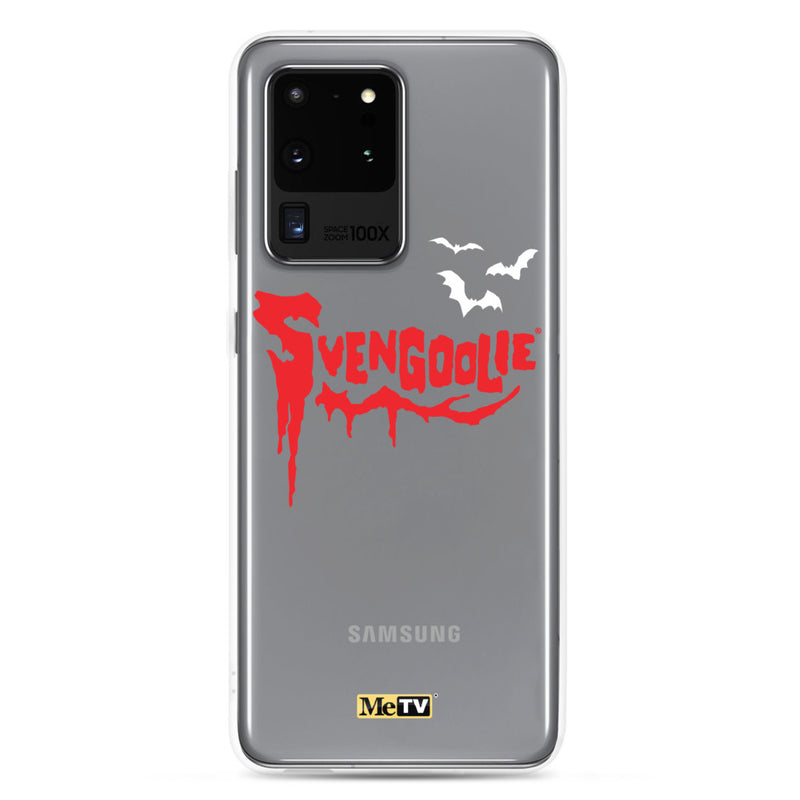 Silver Samsung case with red dripping "Svengoolie" logo and three white bats, plus a small yellow MeTV logo at the bottom.