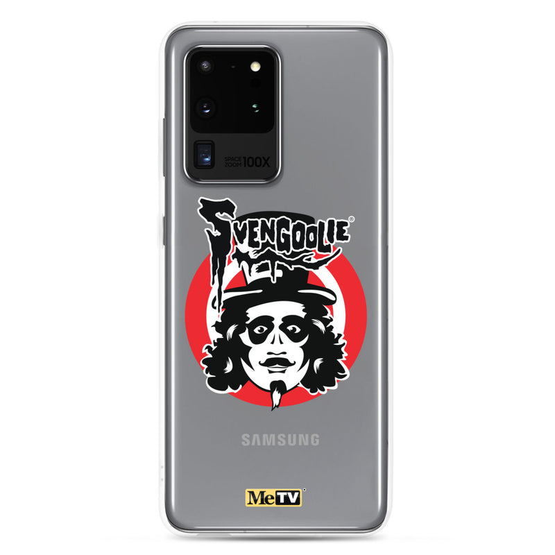 Gray Samsung case featuring the Svengoolie face logo with the text 'Svengoolie' in black above a red circle, with a small MeTV logo at the bottom.