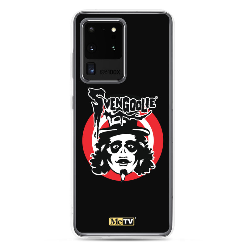 Black Samsung case featuring the Svengoolie face logo with the text 'Svengoolie' in black above a red circle, with a small MeTV logo at the bottom.