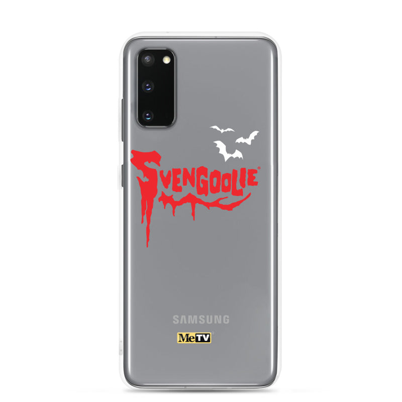 Silver Samsung case with red dripping "Svengoolie" logo and three white bats, plus a small yellow MeTV logo at the bottom.