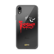 Clear iPhone case with red dripping "Svengoolie" logo and three white bats, plus a small yellow MeTV logo at the bottom.