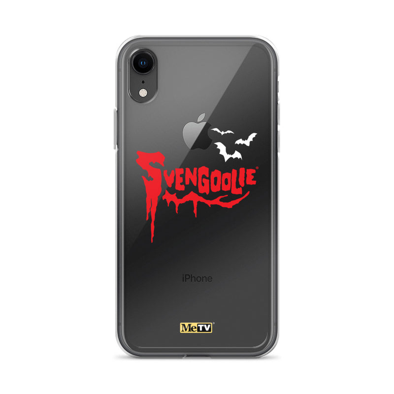 Clear iPhone case with red dripping "Svengoolie" logo and three white bats, plus a small yellow MeTV logo at the bottom.