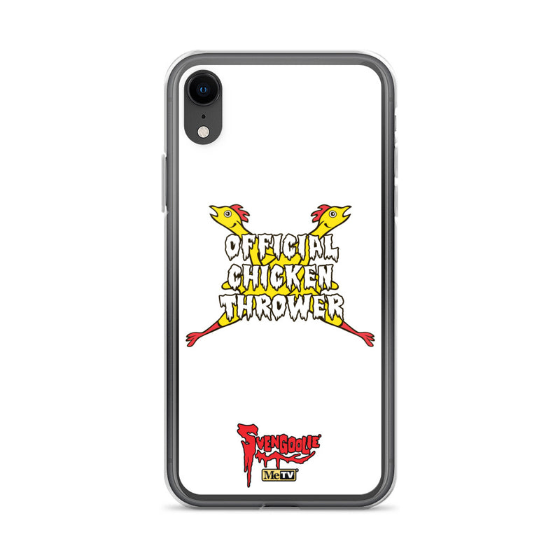 Clear iPhone case with white back; yellow cartoon chickens form an X above white text reading "OFFICIAL CHICKEN THROWER" and red "Svengoolie" logo with MeTV badge below.