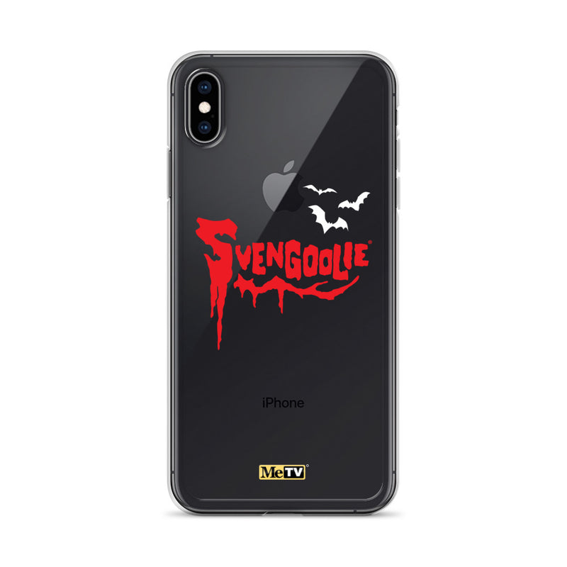 Clear iPhone case with red dripping "Svengoolie" logo and three white bats, plus a small yellow MeTV logo at the bottom.
