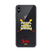 Black iPhone case with yellow cartoon chickens crossed in an X behind white text reading "OFFICIAL CHICKEN THROWER" "Svengoolie" and MeTV logos.