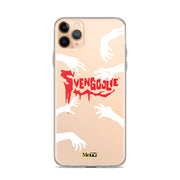 Coral colored iPhone case with white zombie hands reaching around red dripping "Svengoolie" logo and small "MeTV" logo.