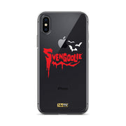 Clear iPhone case with red dripping "Svengoolie" logo and three white bats, plus a small yellow MeTV logo at the bottom.
