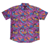 Purple short-sleeve button-up shirt with all-over print of skulls, witches in top hats, bats, spiders, and colorful foliage.