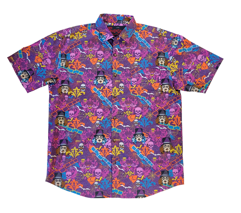 Purple short-sleeve button-up shirt with all-over print of skulls, witches in top hats, bats, spiders, and colorful foliage.