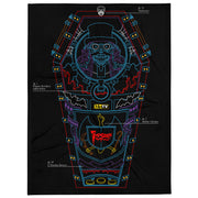 Black throw blanket with blue, red, and purple line art of a coffin, top-hat skeleton, and 'Svengoolie' logo.