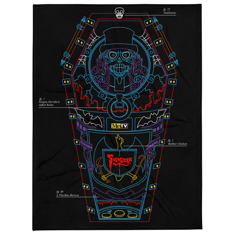 Black throw blanket with blue, red, and purple line art of a coffin, top-hat skeleton, and 'Svengoolie' logo.