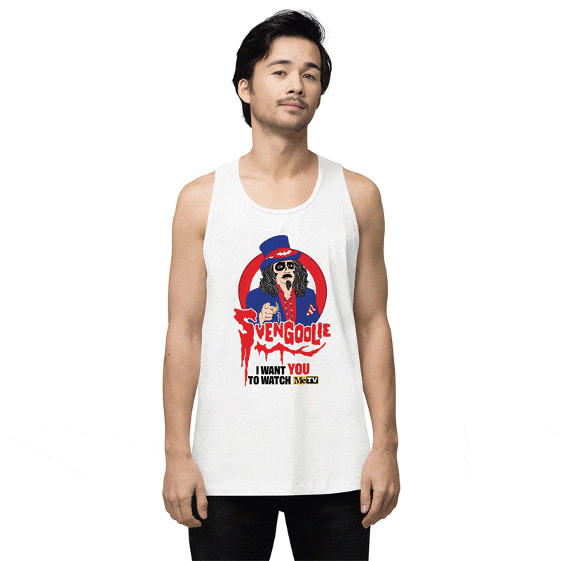 Shirt with red and blue Svengoolie cartoon character in top hat, red blood-dripping 'SVENGOOLIE' text, and 'I WANT YOU TO WATCH MeTV' printed below.