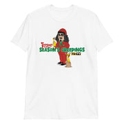 White t-shirt with cartoon Svengoolie in red suit holding a chicken, 'Season's Creepings' text and MeTV logo