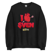 Black crewneck sweatshirt with red graphic of anatomical heart pierced by arrow, text "I" above "SVEN" in dripping red letters, and yellow "MeTV" logo below.