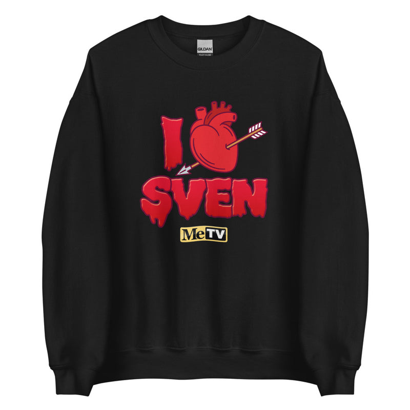 Black crewneck sweatshirt with red graphic of anatomical heart pierced by arrow, text "I" above "SVEN" in dripping red letters, and yellow "MeTV" logo below.