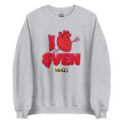 Heather gray crewneck sweatshirt with red dripping graphic of "I", a red anatomical heart pierced by an arrow, and "SVEN" below, plus a yellow "MeTV" logo.