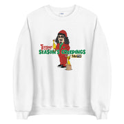 White crewneck sweatshirt with cartoon Svengoolie in red suit holding a chicken, 'Season's Creepings' text and MeTV logo