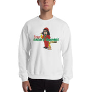 Man wearing white crewneck sweatshirt with cartoon Svengoolie in red suit holding a chicken, 'Season's Creepings' text and MeTV logo